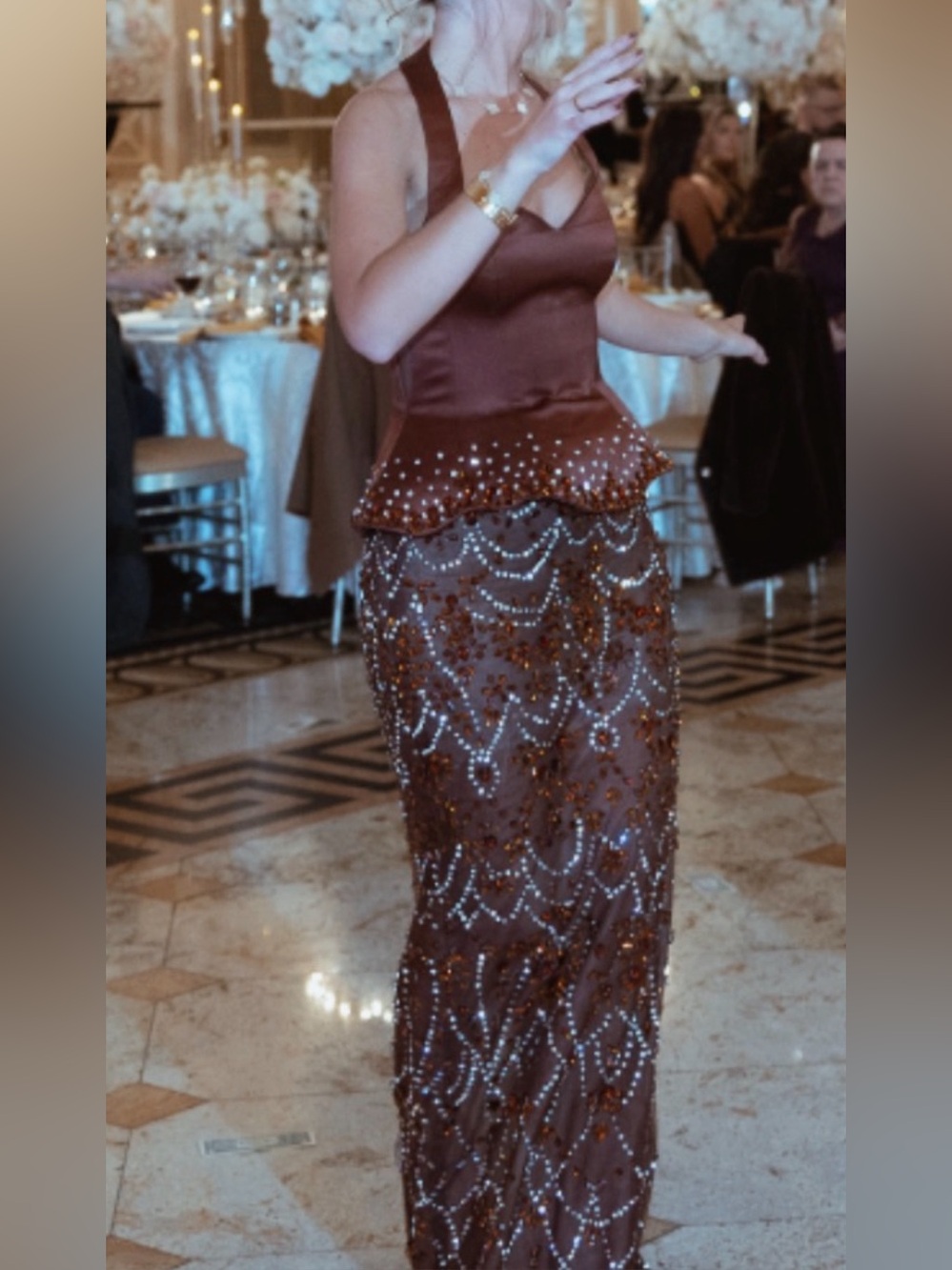 Custom 2 piece Brown peplum corset sequin Maxi Dress from kosovo size small 2/4
